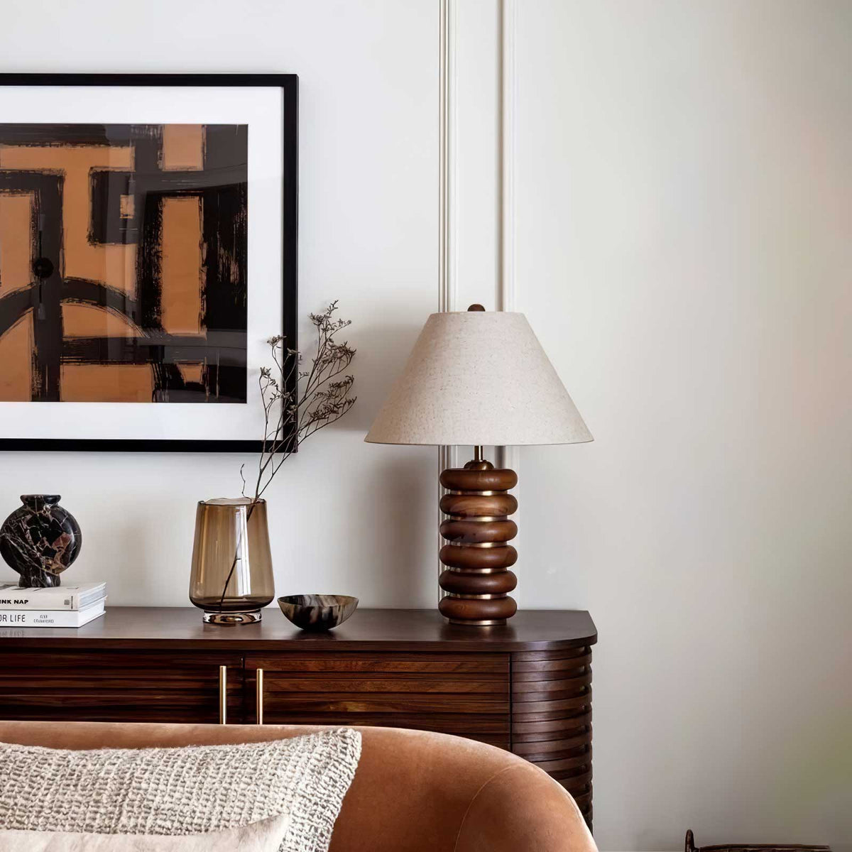 Greyson Table Lamp in Stained Oak and Antique Brass with Linen Shade