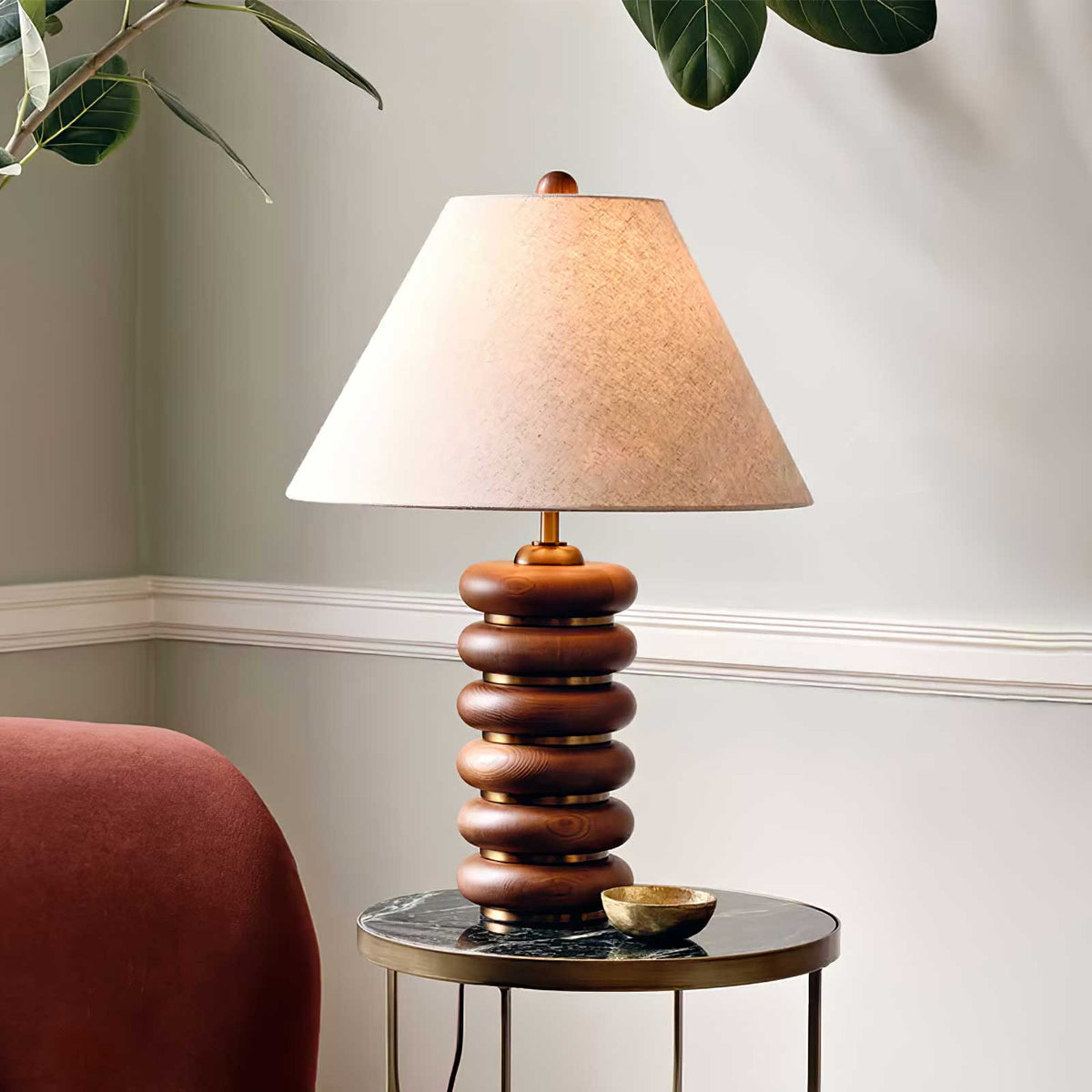 Greyson Table Lamp in Stained Oak and Antique Brass with Linen Shade