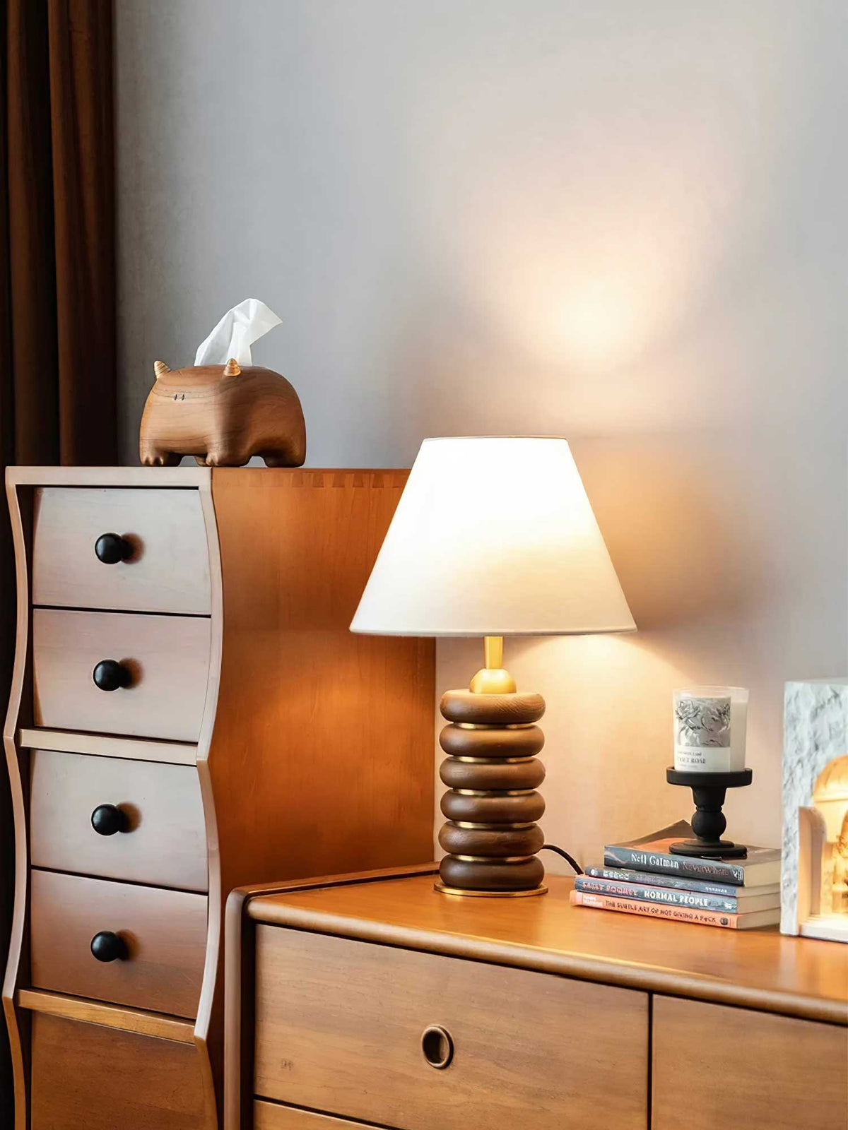Greyson Table Lamp in Stained Oak and Antique Brass with Linen Shade