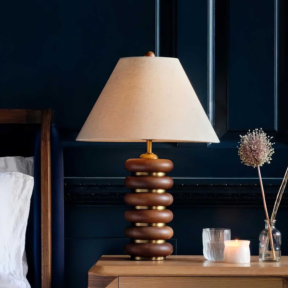 Greyson Table Lamp in Stained Oak and Antique Brass with Linen Shade
