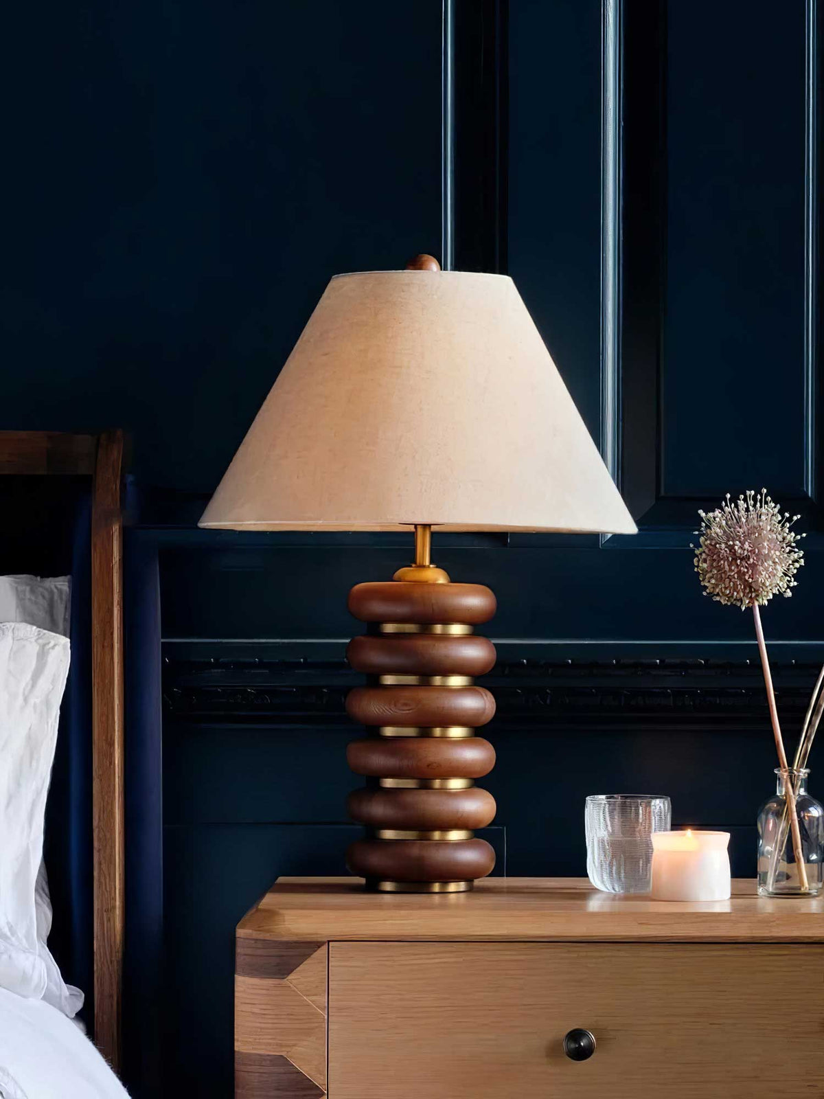 Greyson Table Lamp in Stained Oak and Antique Brass with Linen Shade