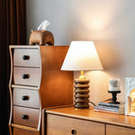 Greyson Table Lamp in Stained Oak and Antique Brass with Linen Shade