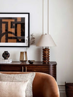 Greyson Table Lamp in Stained Oak and Antique Brass with Linen Shade