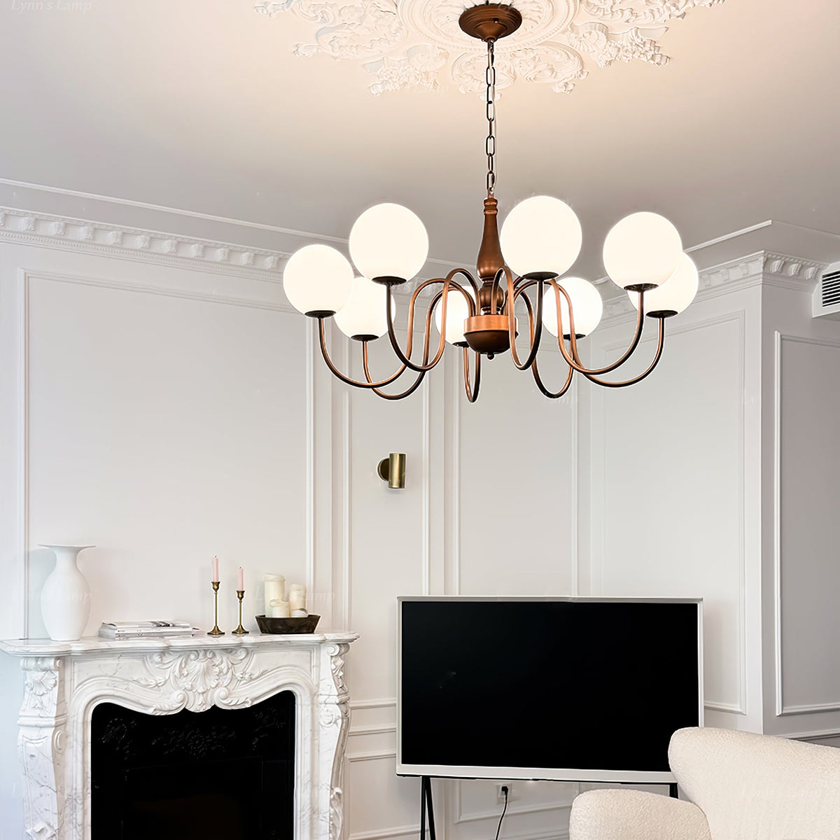 Grove Balls Chandelier – Frosted Glass & Copper-Tone Metal Pendant Light
