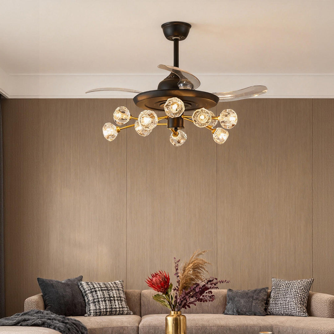 Nordic Crystal Ceiling Fan with 12 Lights and Retractable Blades