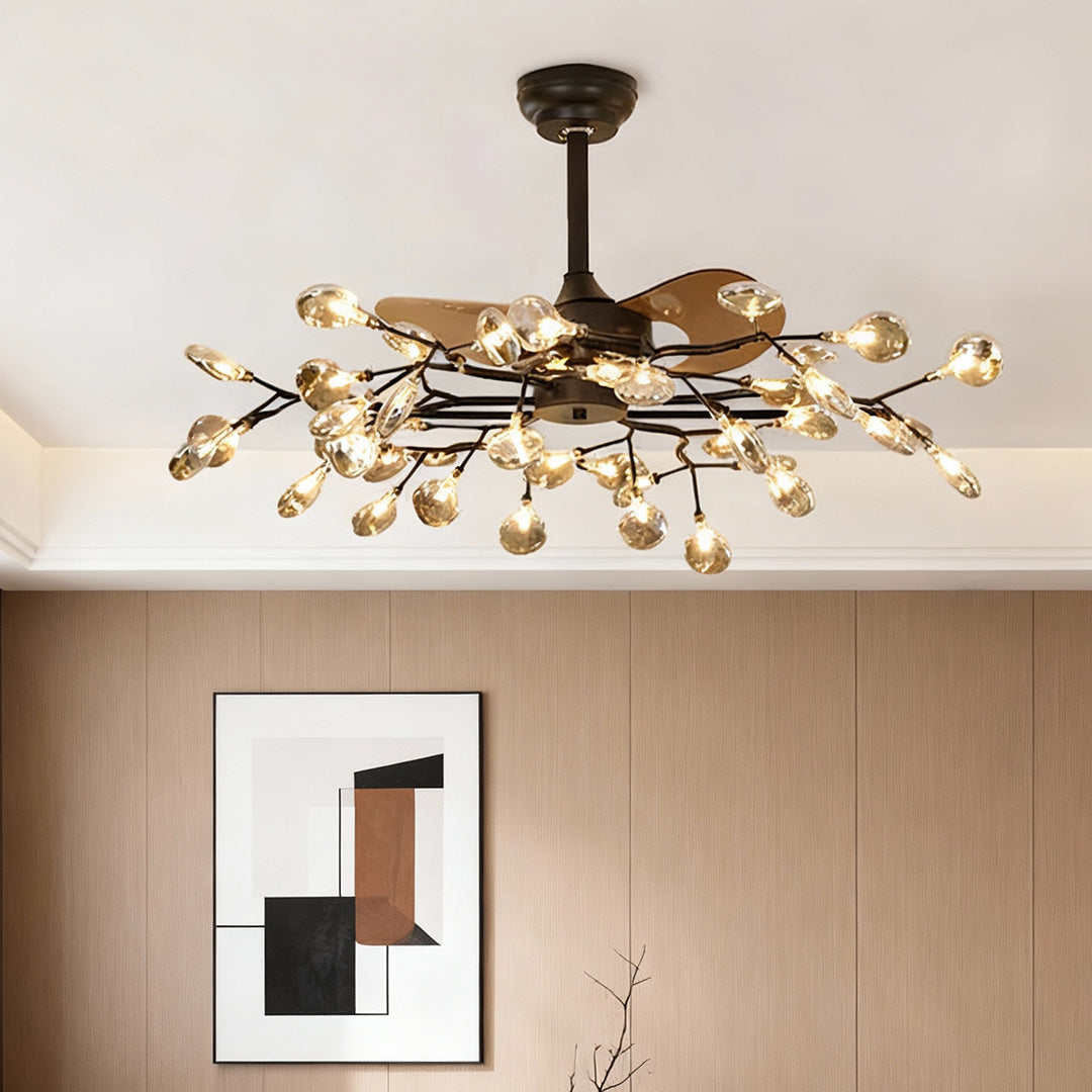 Modern Glam Ceiling Fan with Light, 30/42/56-Light LED, Black Iron & Amber Glass