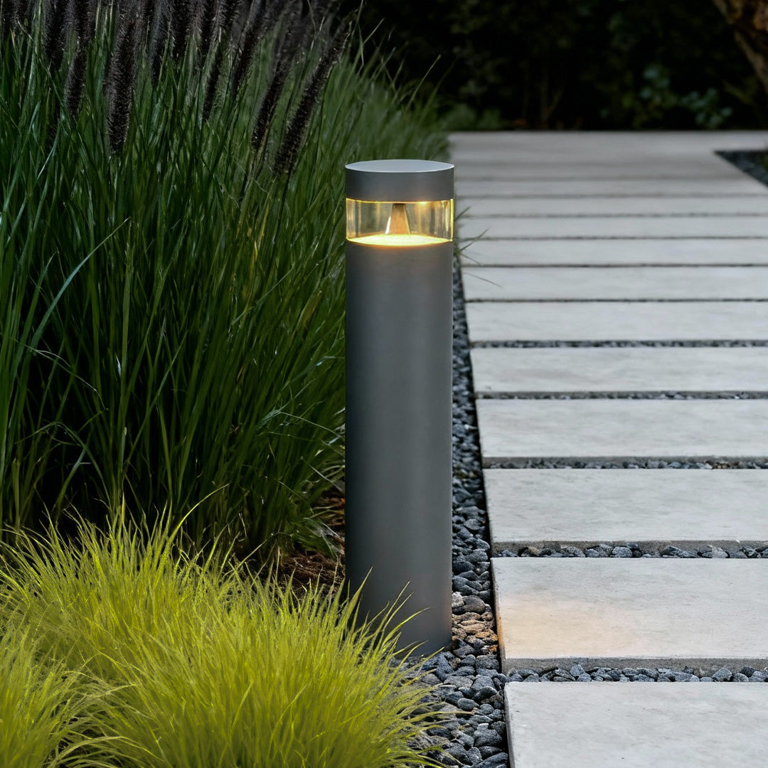 Modern Outdoor Pathway Bollard Light in Sand Gray Aluminum with Warm LED Glow