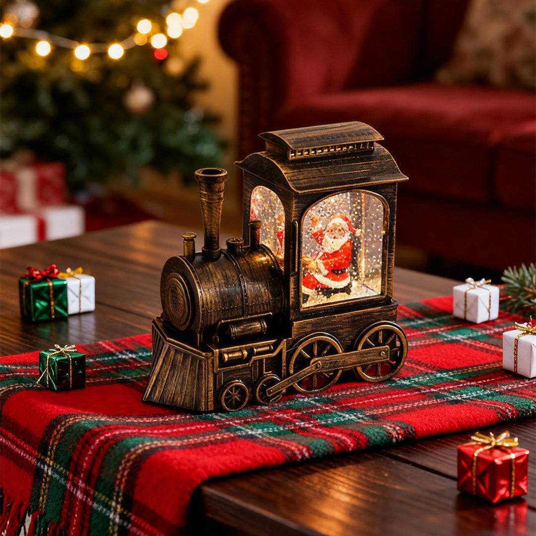 Nordic Christmas Train Table Lamp with Santa and Snowfall Effect