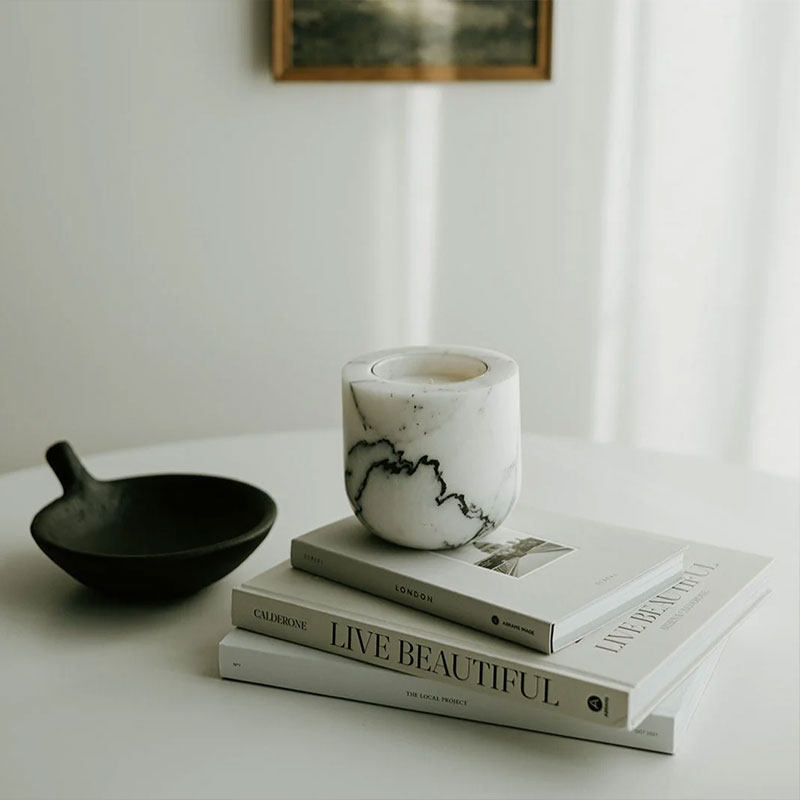 Halo Calm Natural Stone Candle Holder – Artisan Marble & Travertine Tabletop Accent