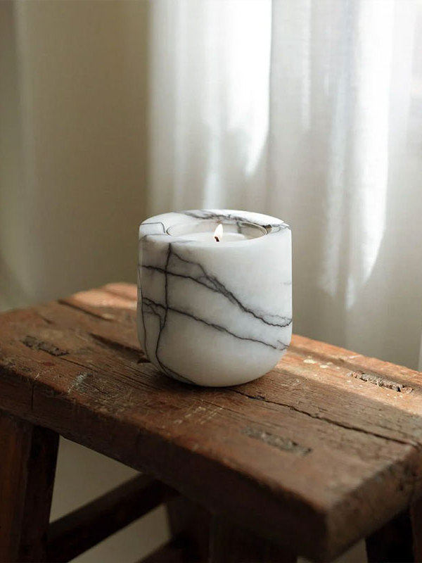 Halo Calm Natural Stone Candle Holder – Artisan Marble & Travertine Tabletop Accent