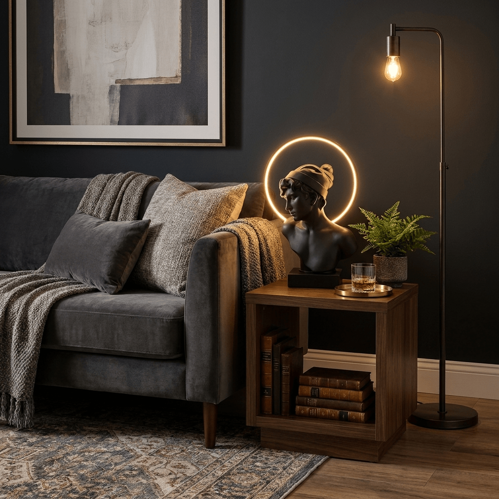 Halo Muse Sculptural Table Lamp – Matte Black LED Accent Light for Modern Interiors