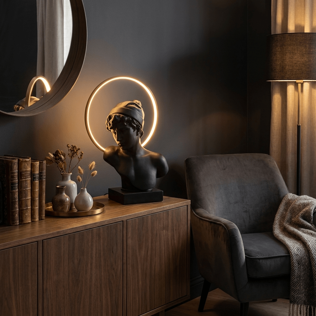 Halo Muse Sculptural Table Lamp – Matte Black LED Accent Light for Modern Interiors