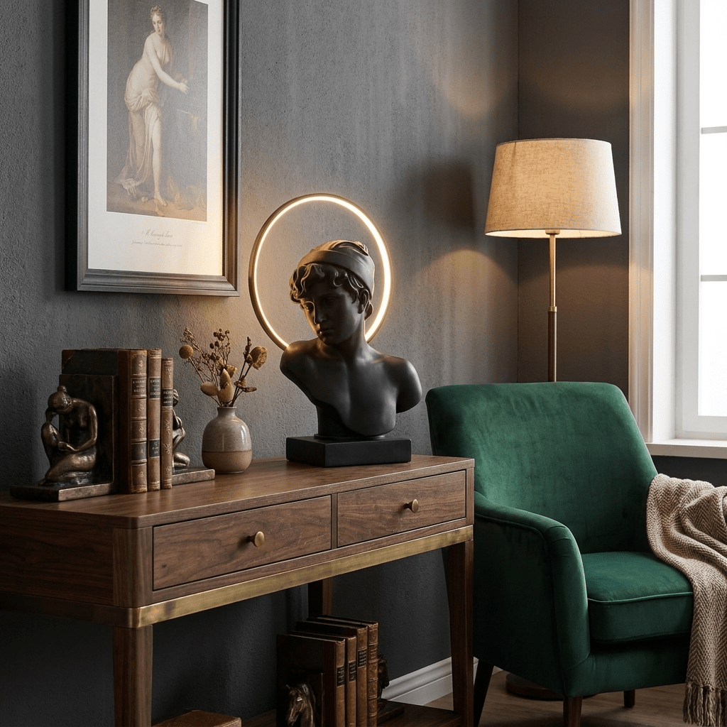 Halo Muse Sculptural Table Lamp – Matte Black LED Accent Light for Modern Interiors