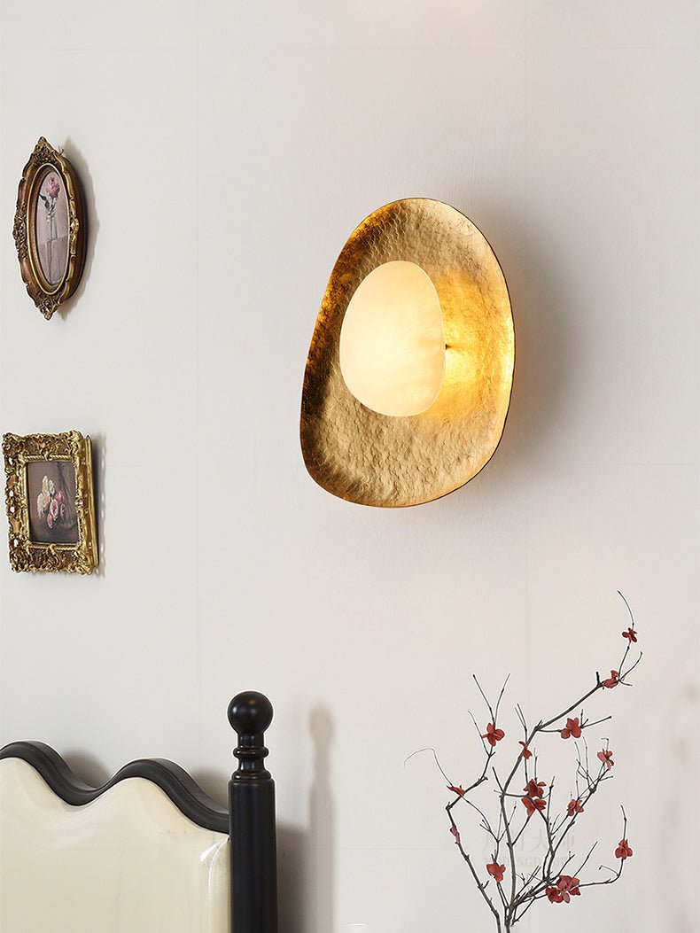 Aurea Alabaster Wall Sconce in Hand-Hammered Brass