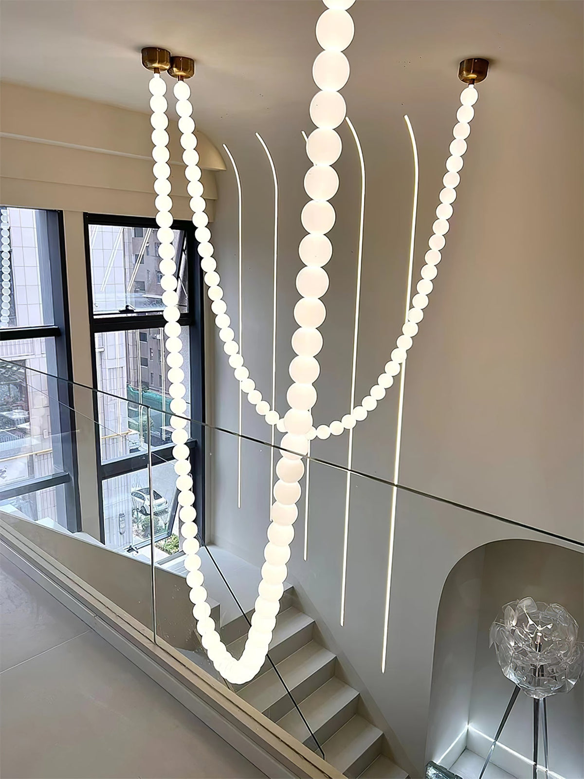 Pearl Necklace Acrylic Ball Chandelier, Modern Gold LED Pendant Light
