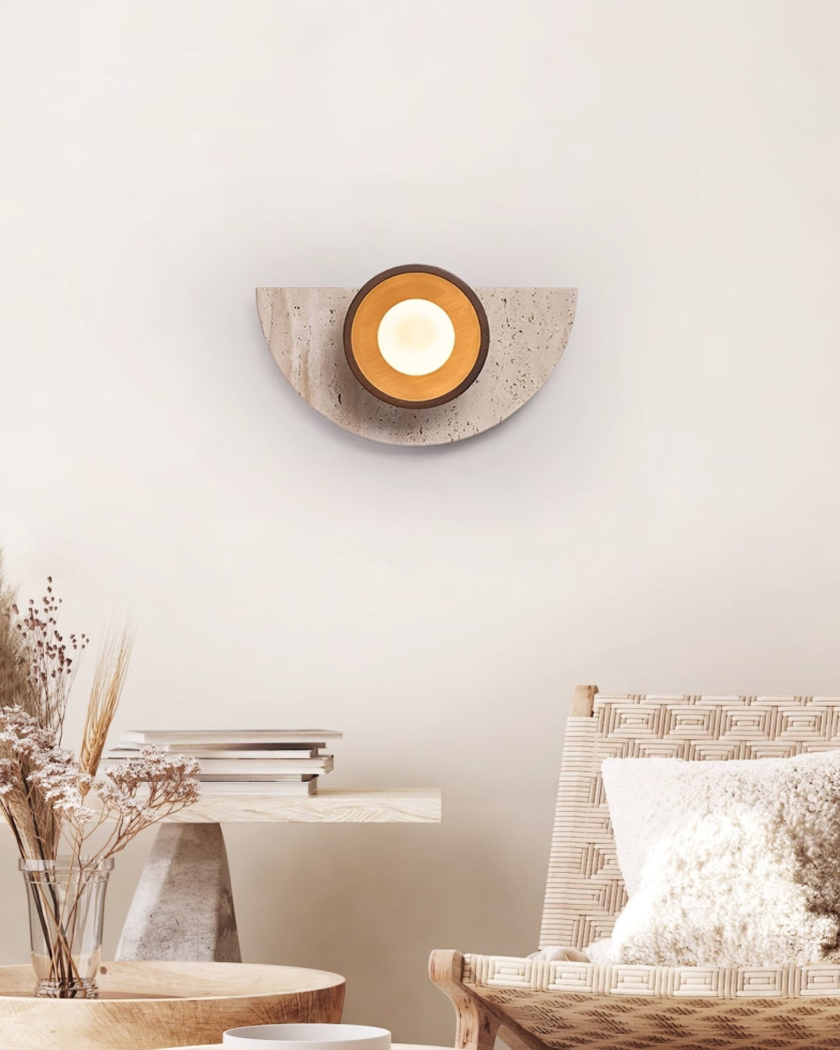 Halvora Travertine Wall Sconce with Wood Accent and Glass Globe