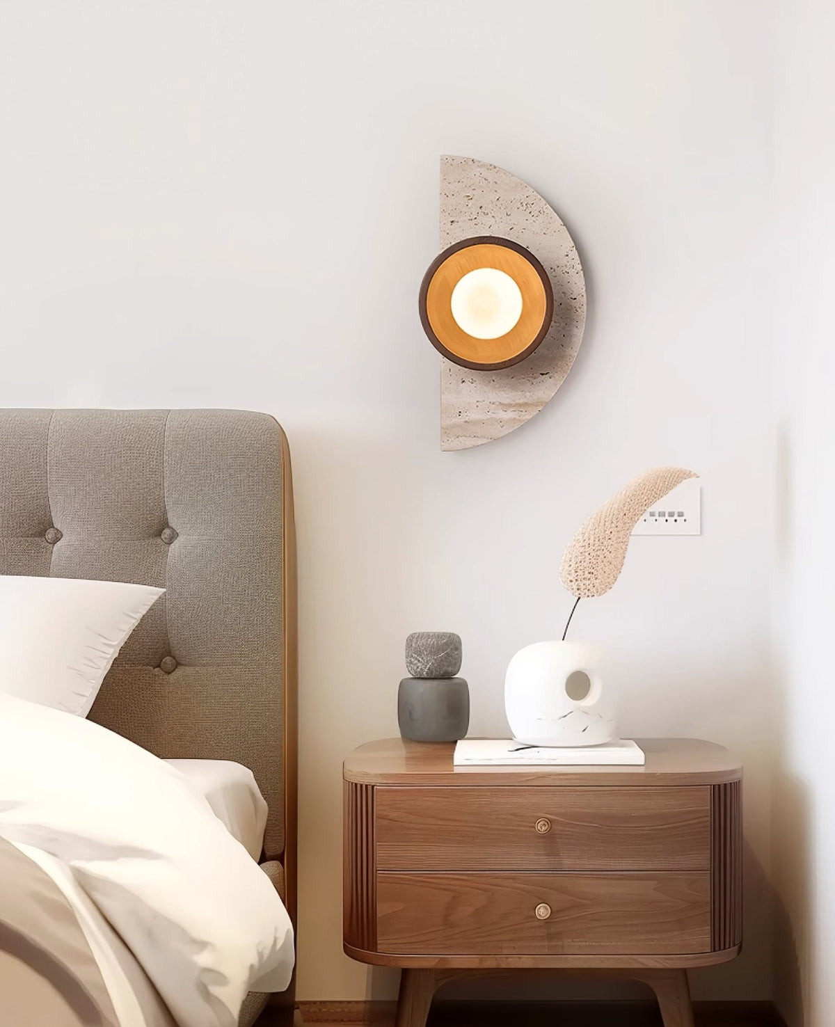 Halvora Travertine Wall Sconce with Wood Accent and Glass Globe