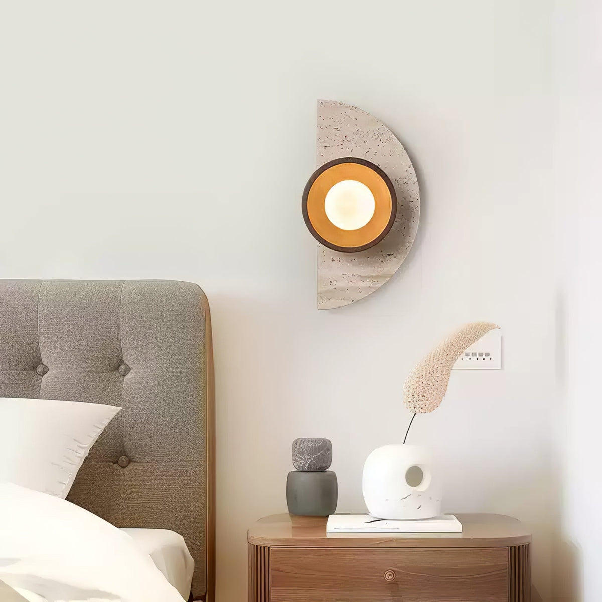 Halvora Travertine Wall Sconce with Wood Accent and Glass Globe