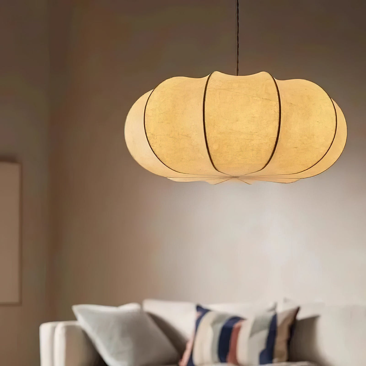 Oblate Silk Pendant Light – Modern Linen Shade Ceiling Lamp