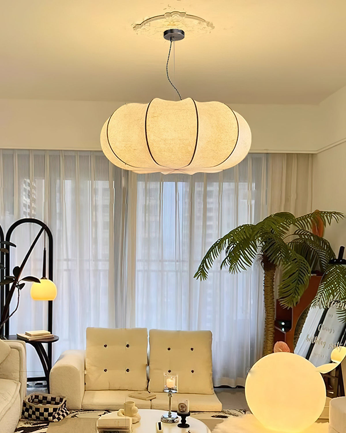 Oblate Silk Pendant Light – Modern Linen Shade Ceiling Lamp