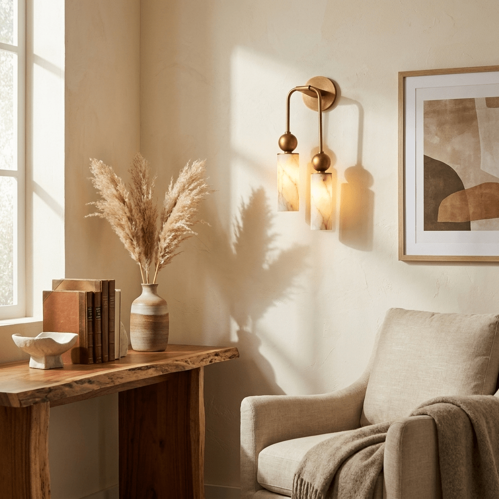 Harlin Alabaster Wall Sconce – Brass Modern Wall Light for Bedroom & Living Room
