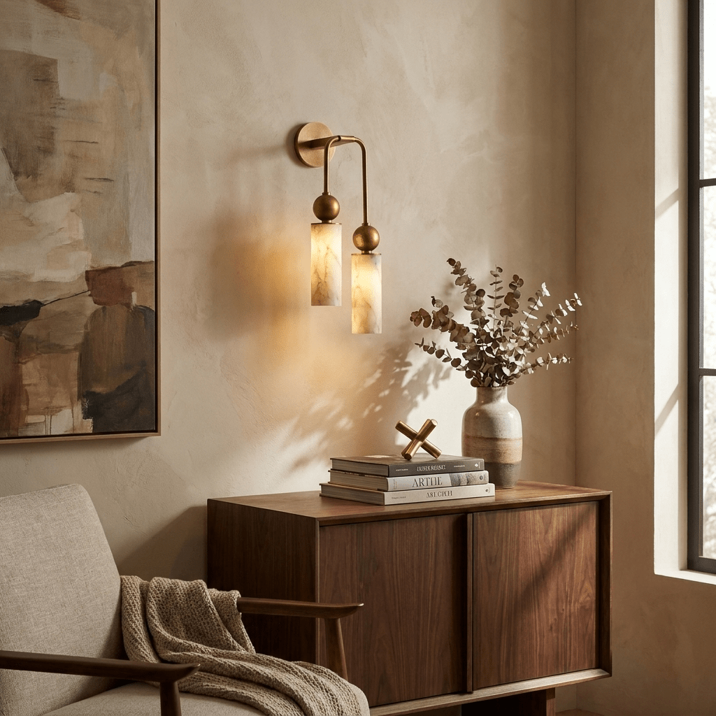 Harlin Alabaster Wall Sconce – Brass Modern Wall Light for Bedroom & Living Room