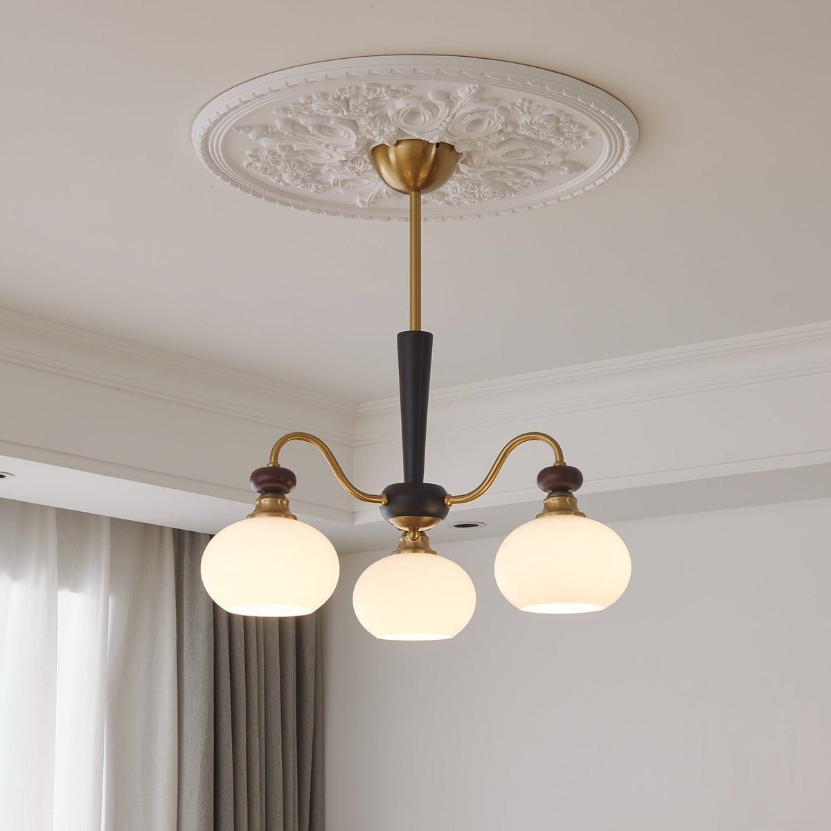 Harmonia Sphere Chandelier – Modern Walnut & Glass Pendant Light