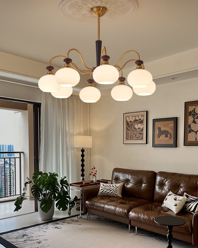 Harmonia Sphere Chandelier – Modern Walnut & Glass Pendant Light