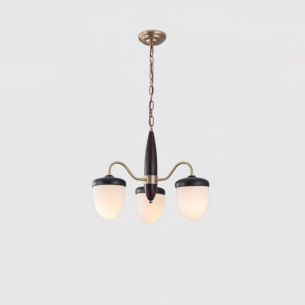 Hazelnut Branch Chandelier in Walnut Wood and Brass with Glass Shades