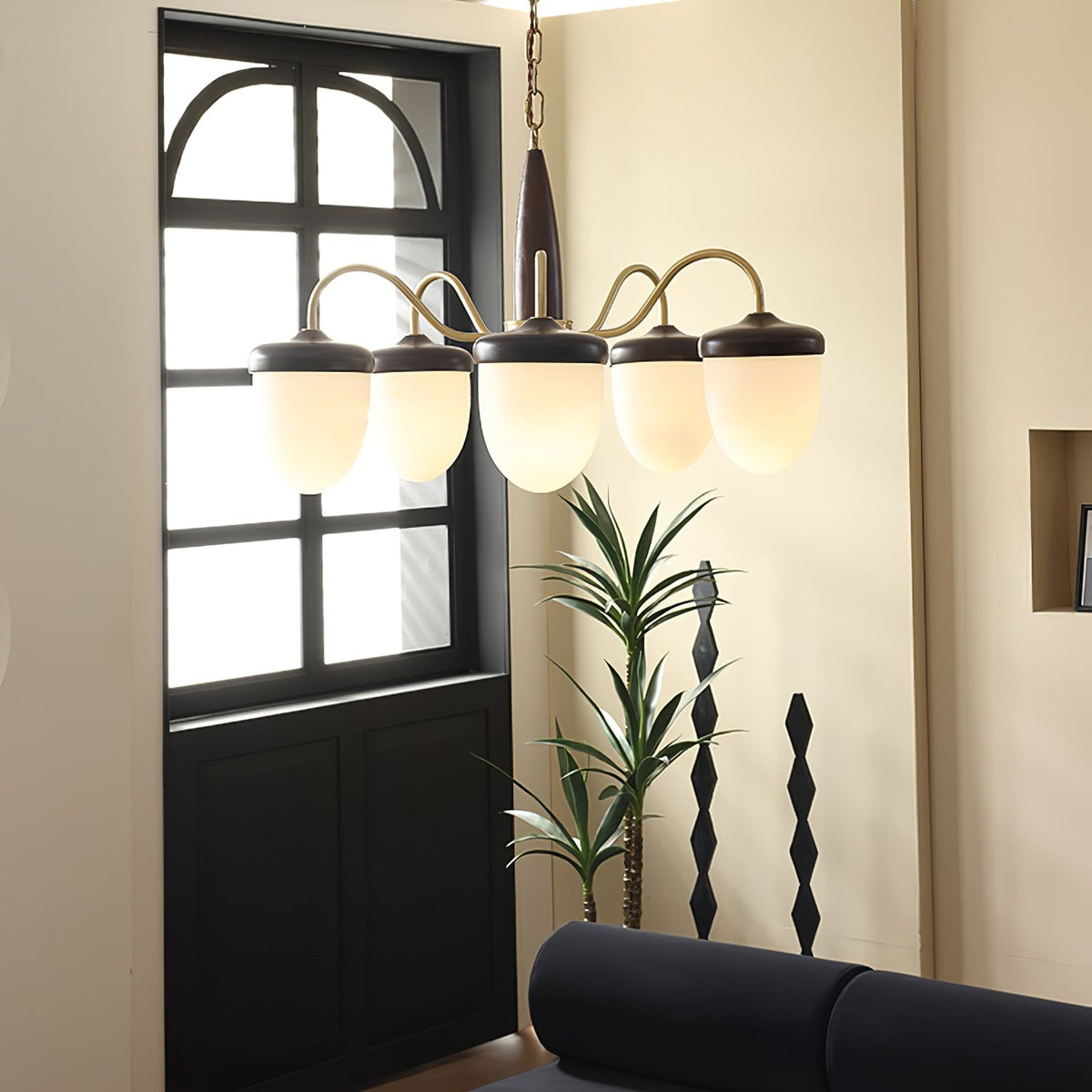 Hazelnut Branch Chandelier in Walnut Wood and Brass with Glass Shades