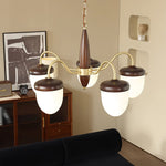 Hazelnut Branch Chandelier in Walnut Wood and Brass with Glass Shades