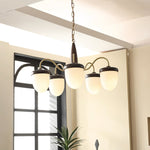 Hazelnut Branch Chandelier in Walnut Wood and Brass with Glass Shades