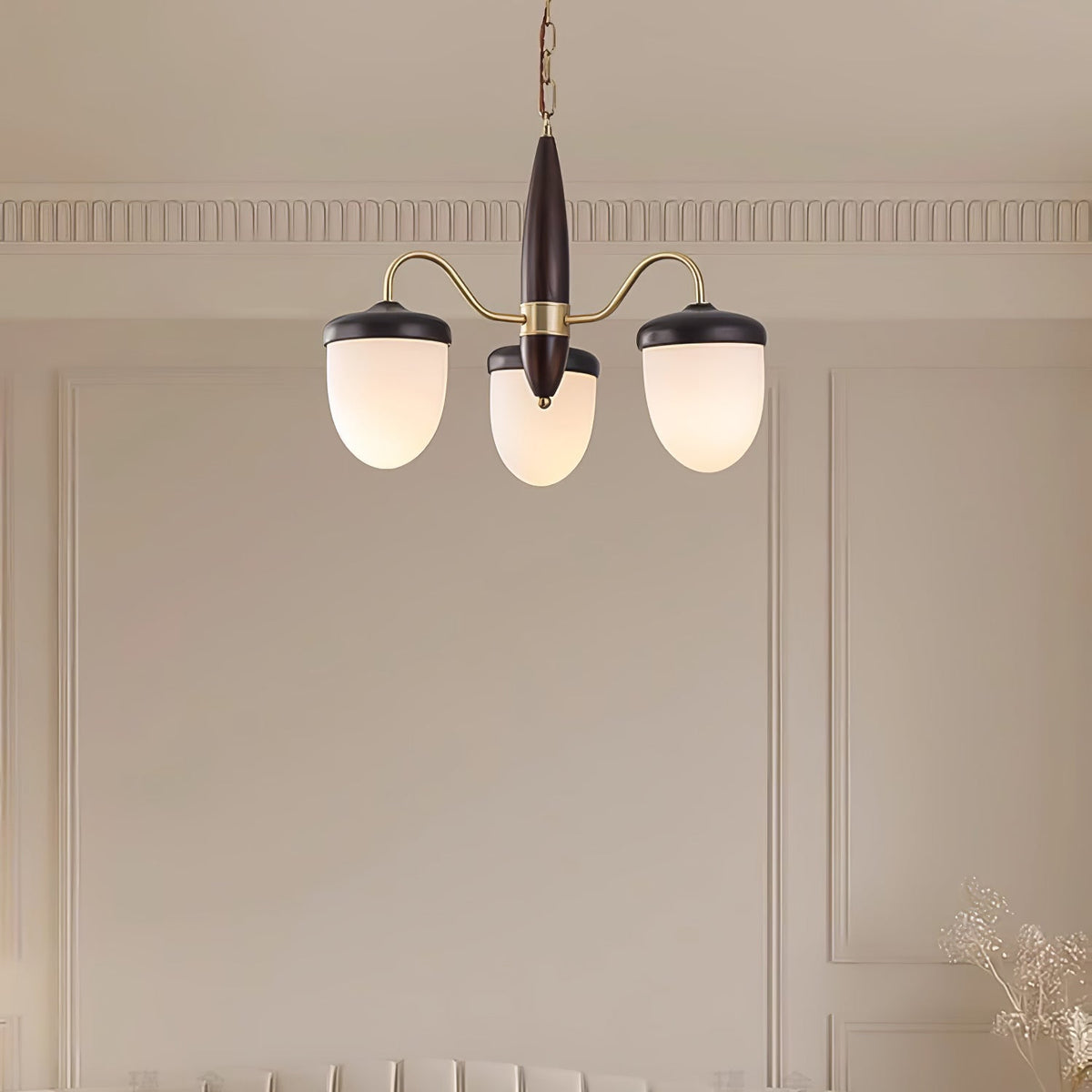 Hazelnut Branch Chandelier in Walnut Wood and Brass with Glass Shades