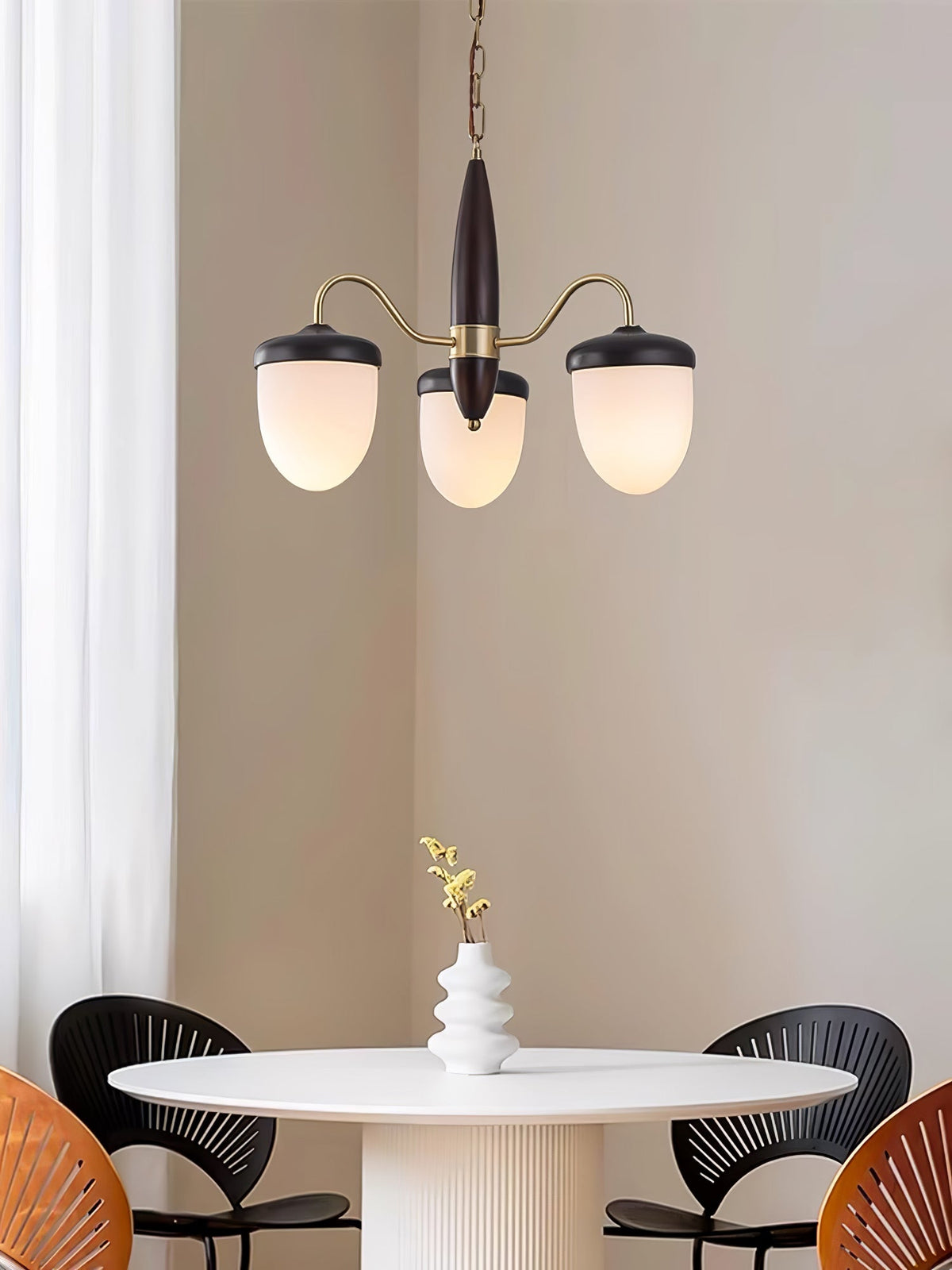 Hazelnut Branch Chandelier in Walnut Wood and Brass with Glass Shades