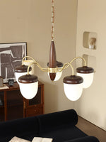 Hazelnut Branch Chandelier in Walnut Wood and Brass with Glass Shades