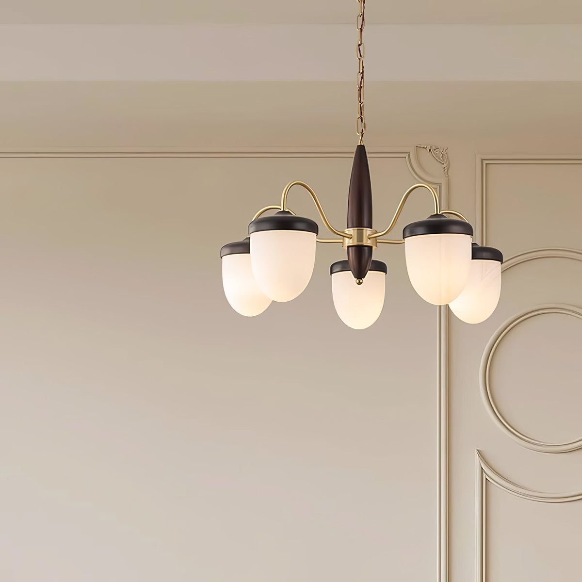 Hazelnut Branch Chandelier in Walnut Wood and Brass with Glass Shades