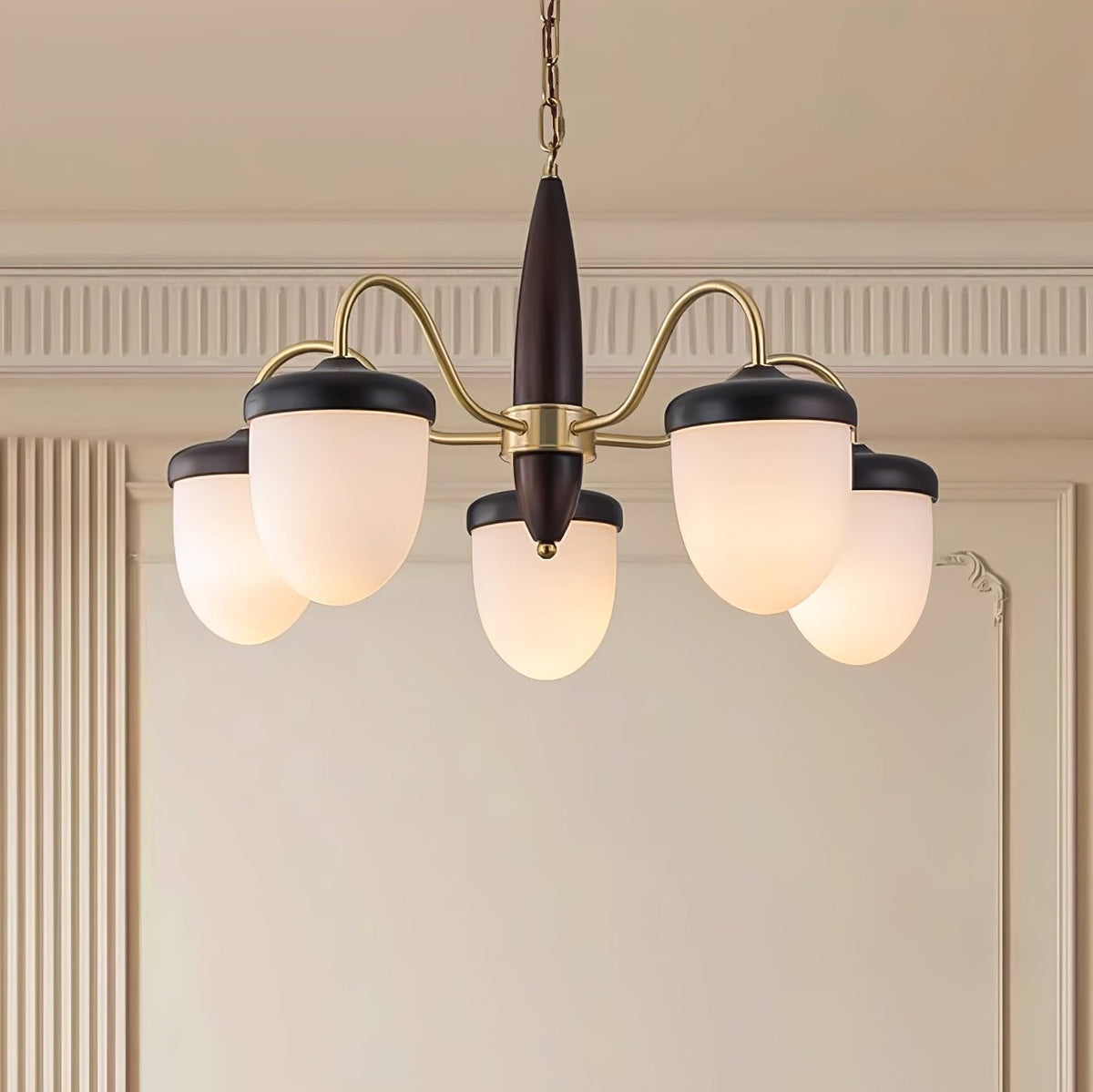Hazelnut Branch Chandelier in Walnut Wood and Brass with Glass Shades