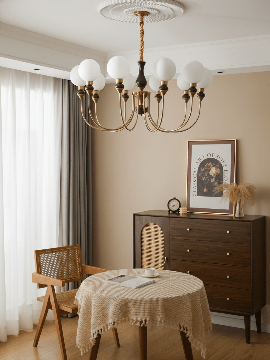 Helena Curve Chandelier – Modern Brass & Walnut Pendant Light for Dining Room
