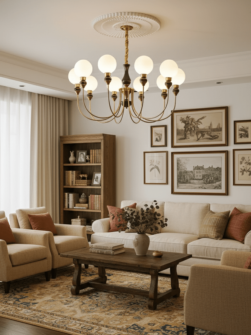 Helena Curve Chandelier – Modern Brass & Walnut Pendant Light for Dining Room