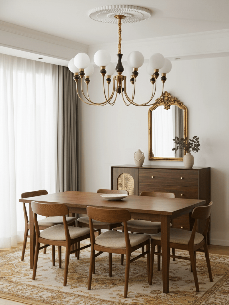 Helena Curve Chandelier – Modern Brass & Walnut Pendant Light for Dining Room