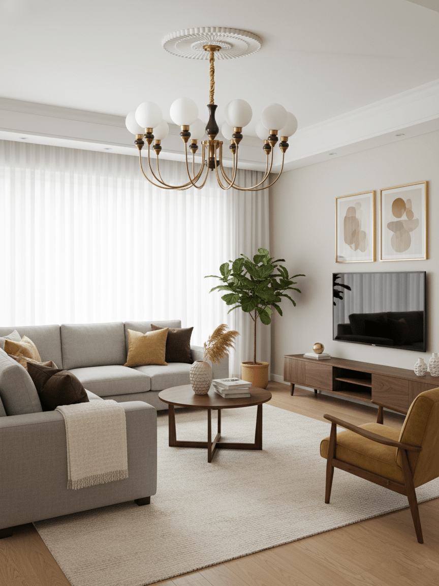 Helena Curve Chandelier – Modern Brass & Walnut Pendant Light for Dining Room