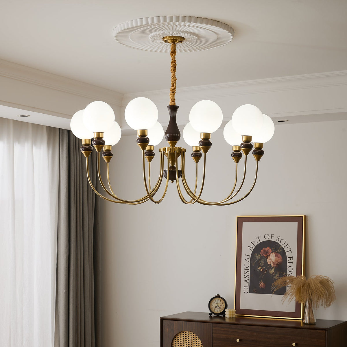 Helena Curve Chandelier – Modern Brass & Walnut Pendant Light for Dining Room
