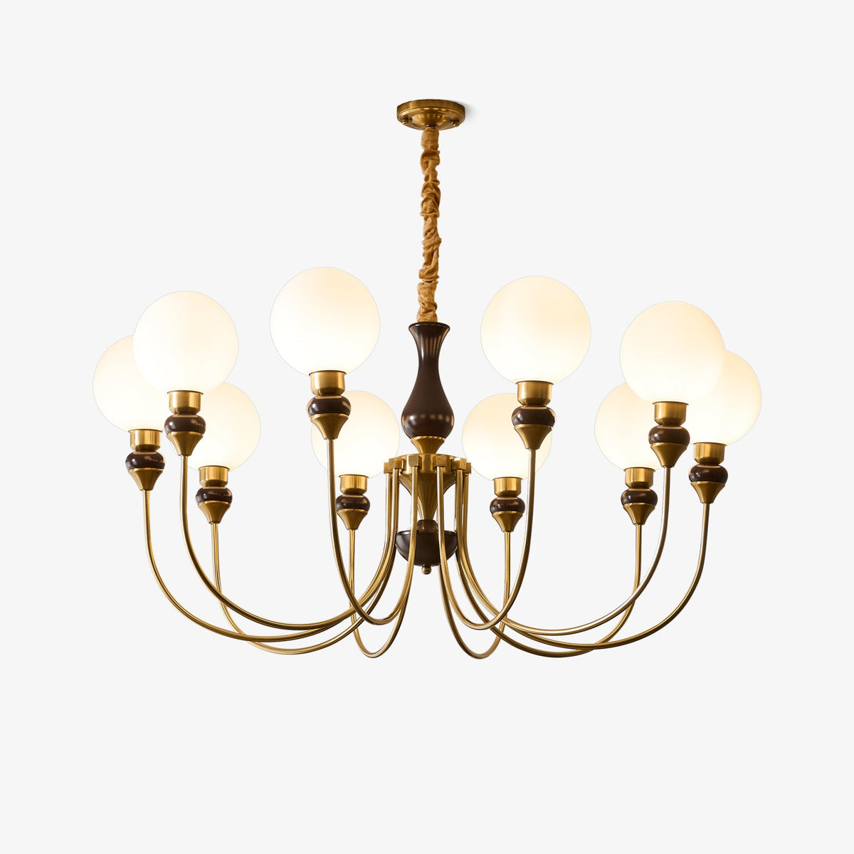 Helena Curve Chandelier – Modern Brass & Walnut Pendant Light for Dining Room
