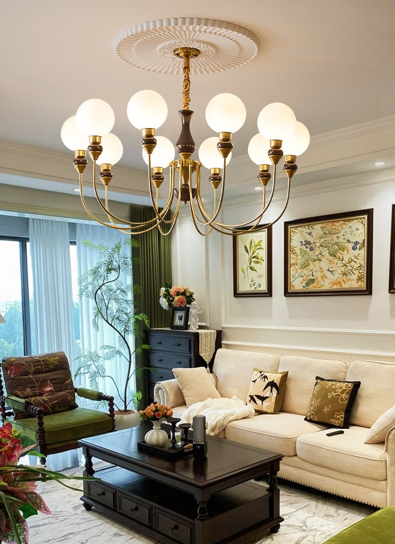 Helena Curve Chandelier – Modern Brass & Walnut Pendant Light for Dining Room