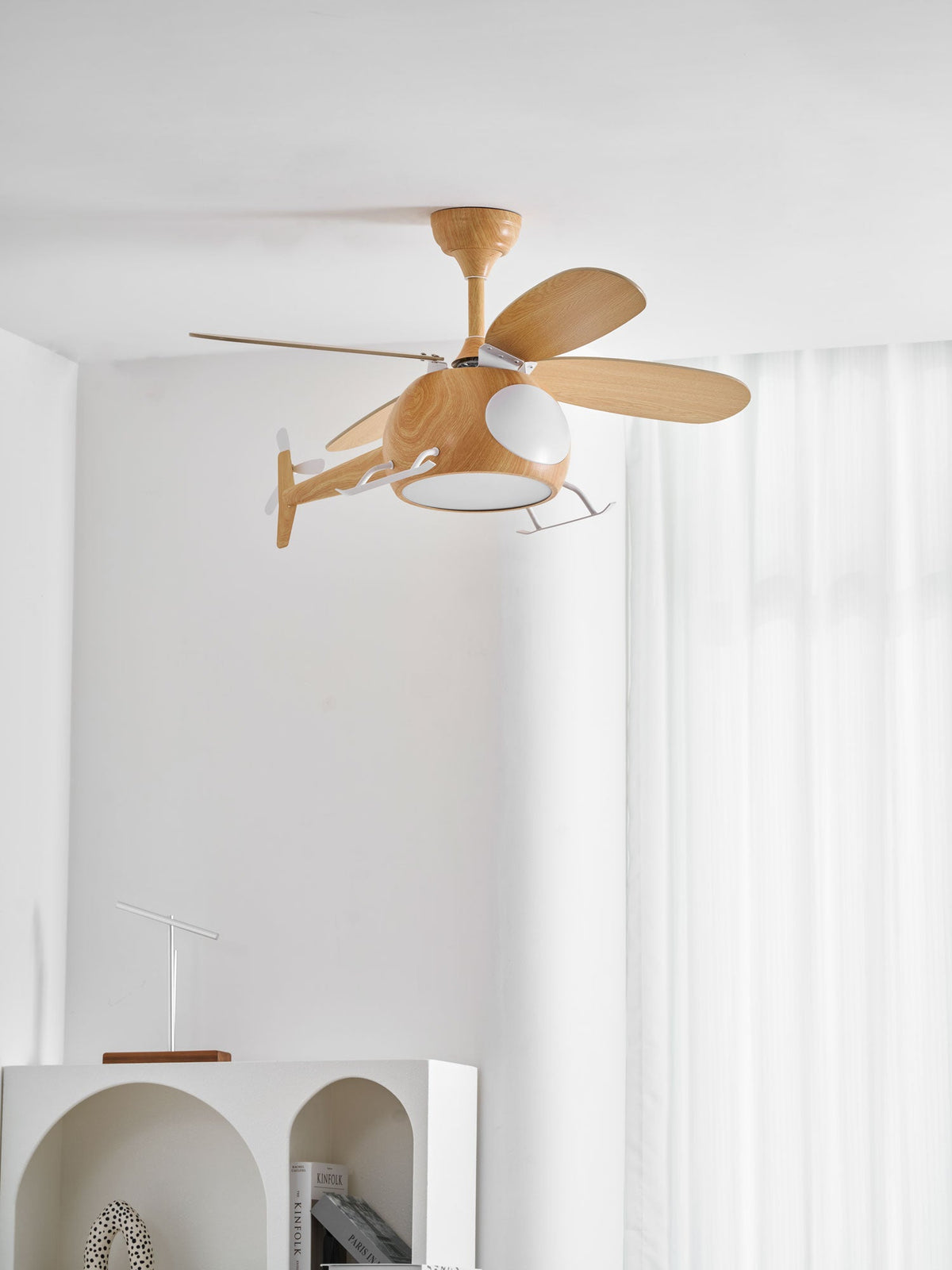 Heli Breeze Wooden Helicopter Ceiling Fan with Integrated LED Light for Kids' Rooms