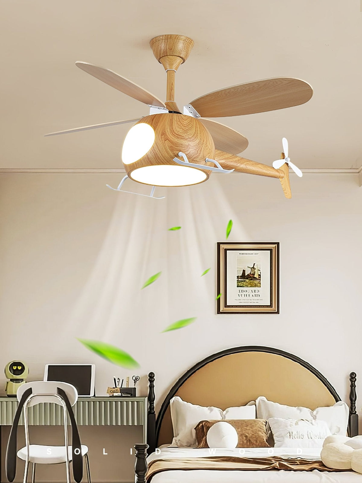 Heli Breeze Wooden Helicopter Ceiling Fan with Integrated LED Light for Kids' Rooms