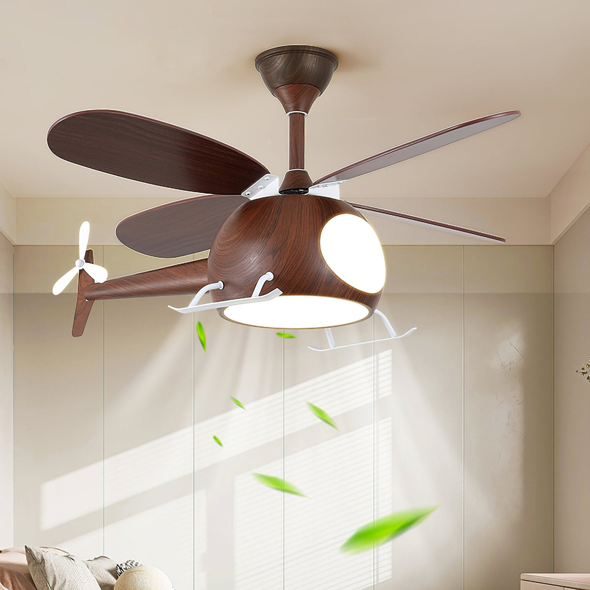Heli Breeze Wooden Helicopter Ceiling Fan with Integrated LED Light for Kids' Rooms