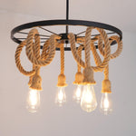 Hemp Rope Industrial Chandelier – Six-Light Pendant for Modern Rustic Interiors