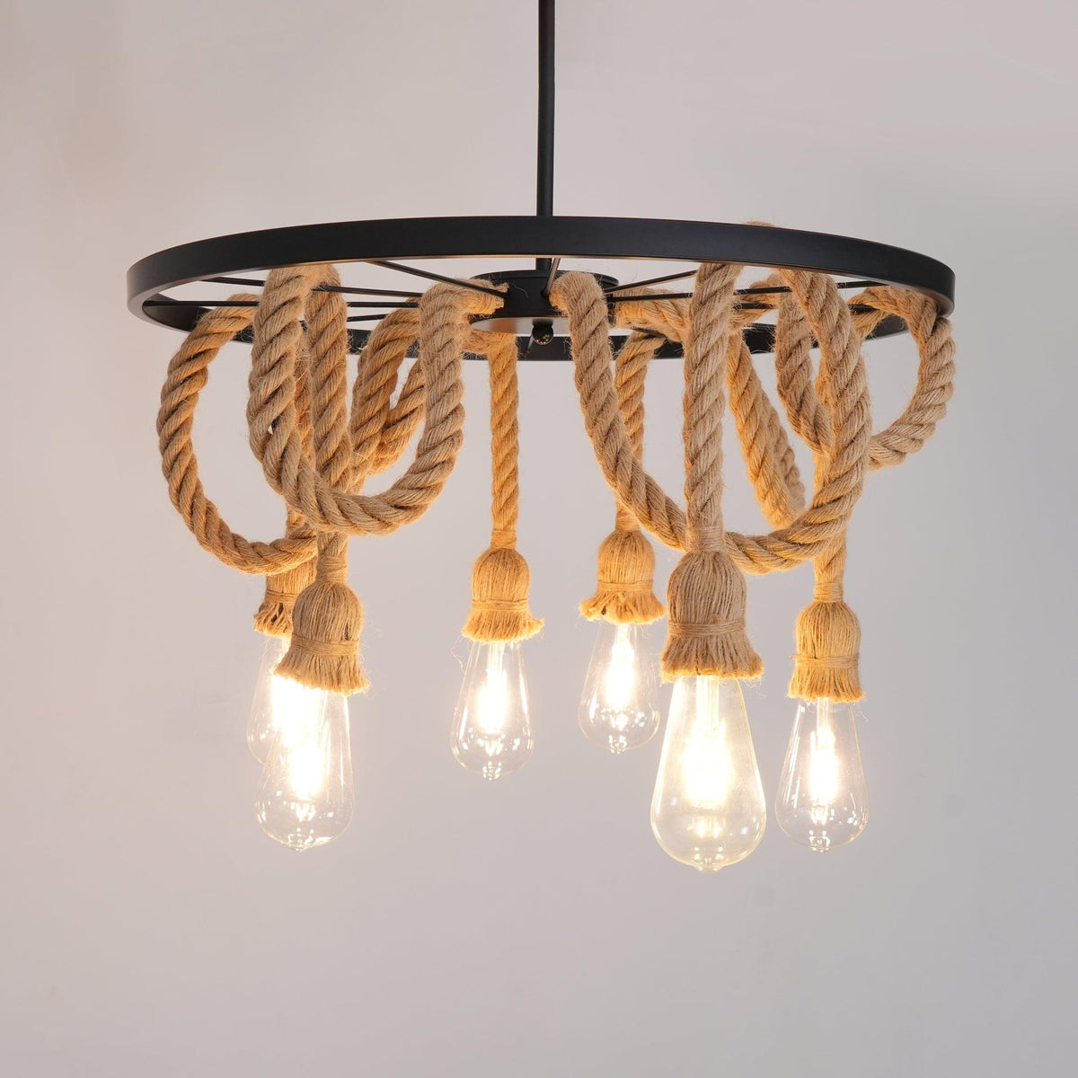 Hemp Rope Industrial Chandelier – Six-Light Pendant for Modern Rustic Interiors