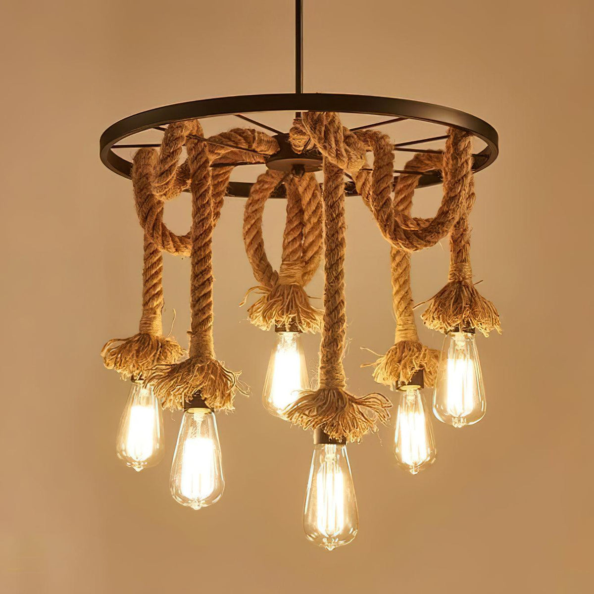 Hemp Rope Industrial Chandelier – Six-Light Pendant for Modern Rustic Interiors